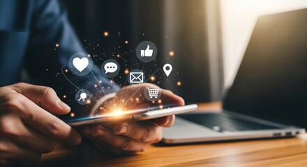 Businessman Hands Using Smartphone with Floating Social Media Icons and Laptop Represents Digital Marketing Strategy and Online Business Communication