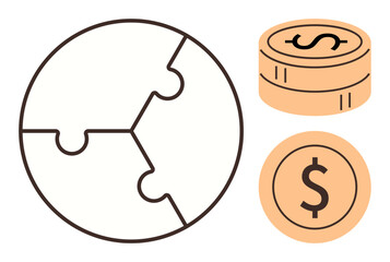 Puzzle-shaped globe paired with dollar-marked coins illustrating global economy, financial growth, and interconnected markets. Ideal for business, investment, trade, economics, unity