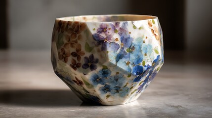 Beautifully crafted ceramic cup with blue floral design on white background sits on gray surface in warm indoor lighting