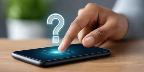 Interactive question mark icon smartphone screen closeup image modern environment user perspective