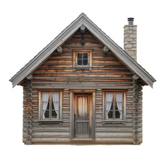 Rustic wooden cabin with stone chimney and white curtains isolated on a transparent background