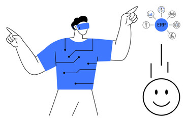 ERP system concept. Interactive design showing a man using VR technology for ERP system integration. ERP enhances digital transformation, streamlines processes, and facilitates decision-making