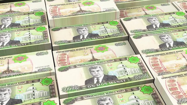 Turkmenistan 10,000 Manat Banknote Horizontal 3D Animation ? Realistic Money Flow, Finance and Economy Concept, Banking System, Business Investment, Currency Exchange Visualization
