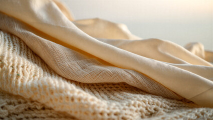 Soft knit wool and fine sheer fabric draped together in warm beige tones