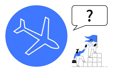 Travel planning, decision making, teamwork, collaboration, leadership, problem-solving. A blue airplane icon, a speech bubble and a team climbing steps. Travel planning and decision-making ideas
