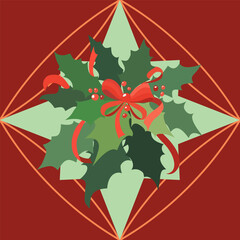 Elegant seamless Christmas pattern with holly leaves, red berries and gold geometric shapes on a dark red background. Perfect for December textiles, wrapping paper, covers and holiday decor.