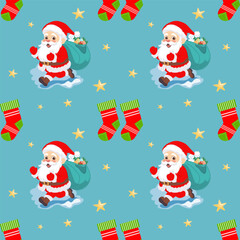 Cute seamless Christmas pattern with Santa Claus, gift bags, stockings and stars on a blue background. Perfect for kids decor, wrapping paper, textiles and festive designs.