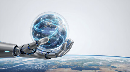 Futuristic Robotic Hand Holding Glowing AI Globe Over Earth, Symbolizing Global Artificial Intelligence, Digital Transformation, and Enterprise Innovation for Future Business Technology