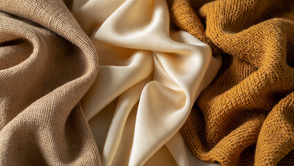 Close up of three different fabrics rich texture and warm color palette