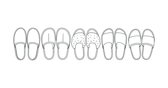 Assorted slippers line drawing: cozy footwear collection in minimalist style