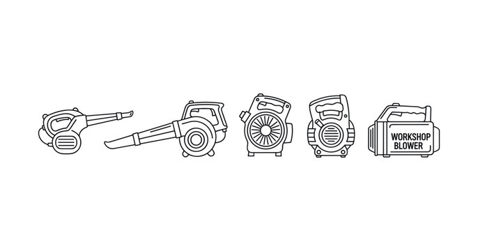 Line art illustrations of workshop blower from multiple angles