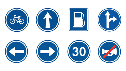Blue Traffic Road Signs Icons Set for Transportation and Safety © Motionfly Studio