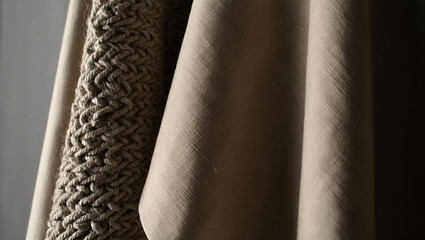 Draped natural fabric detail showing weave texture and knitted element