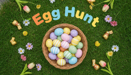 Easter egg hunt basket filled with colorful eggs surrounded by spring decorations on green grass