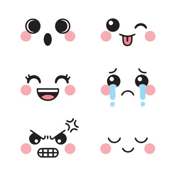 Cute Kawaii Face Expressions Set for Emoji and Cartoon Design