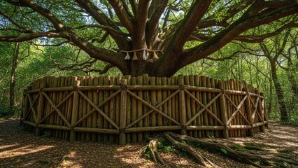Ancient Tree with Wooden Fence in a Lush Green Forest.