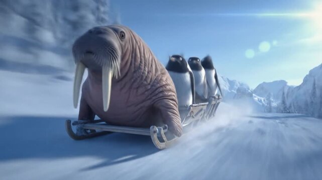 A colossal woolly mammoth on a snow sled leads curious penguins across a frosty alpine dawn  sunrise