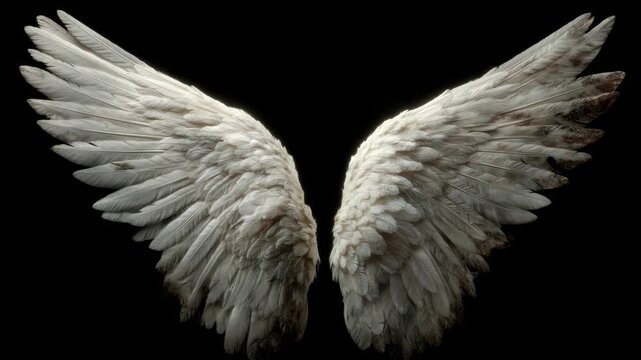 Symmetrical white angel wings with soft feather texture in realistic style on black background, symbolizing purity, freedom, and spirituality