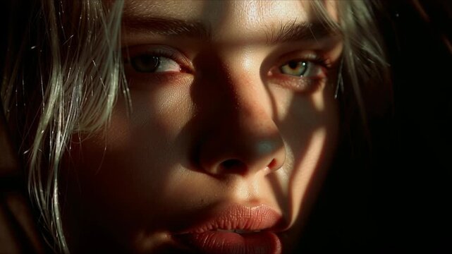 Ultra-Intimate Close-Up of a Stunning Young Woman&rsquo;s Face with Soft Moving Shadows, Subtle Light Transitions, Sculpted Beauty, Cinematic Minimalism, Emotional Depth and High-End Aesthetic Visual