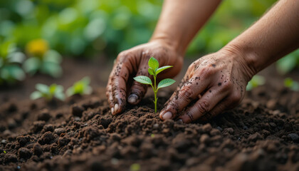 Farmers dirty hands planting young sapling in fertile soil for agriculture business