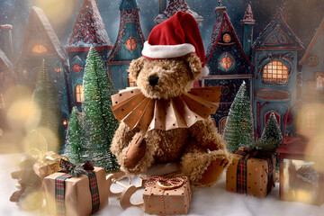 Vintage style teddy bear with paper ruff collar and Santa hat sitting in front of the old town with colorful houses