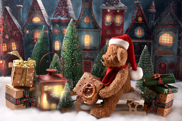 Cute teddy bear in Santa hat sitting on a sled with presents on Christmas night