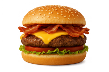 Bacon cheeseburger with beef patty, melty cheese, crispy bacon, lettuce, tomato, and sesame seed bun