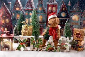 Christmas arrangement with the old town and teddy bear sitting on a sled with XMAS letters standing in front of him