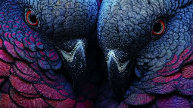 A close-up of two vibrant exotic birds, tenderly cuddled together, expressing affection and understanding. An emotional portrait of nature, a symbol of love, harmony, and a lifelong connection
