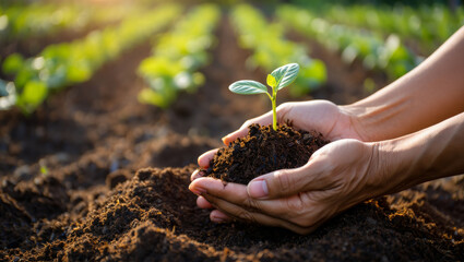 Small green plant growing from soil held in persons cupped hands in sunny field