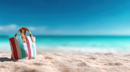 Obraz premium A vibrant beach bag resting on the soft sand, capturing the essence of summer, relaxation, and the joyful beach experience, inviting adventure and fun.