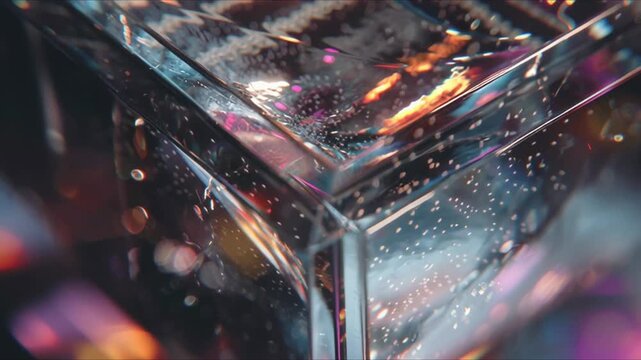 A close-up of a transparent crystalline cube with internal light refractions and floating colored particles - a visual element for modern motion design and premium graphic assets
