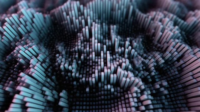 Abstract digital rendering of an undulating surface made of countless varying height rectangular prisms in cool blue and pink tones.