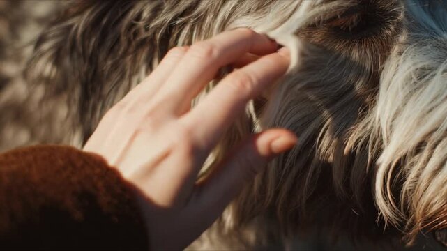 Emotional close-up of a beautiful female hand gently caressing a shaggy dog, soft natural light, detailed fur texture, warm human-animal bond, calm atmosphere