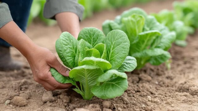 Freshly Harvested Romaine Lettuce Grown in Organic Garden with a Close-Up View of Farmer Hand in Soil 4k video footage