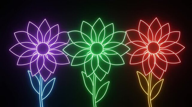 Three vibrant neon glowing flowers in purple, green, and red against a dark background, creating a striking digital art display.
