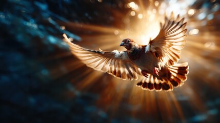 A beautiful bird takes flight through radiant sunlight, showcasing its elegance and freedom while capturing a moment of nature's grace and the essence of flight.