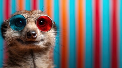 A quirky and humorous meerkat wearing round glasses, posing playfully against a backdrop of vibrant horizontal stripes, bringing a smile with its fun and entertaining charm.