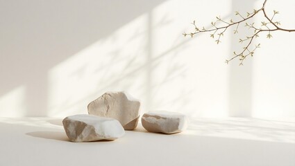 Natural stone podiums bathed in soft sunlight and shadow with delicate branches overhead