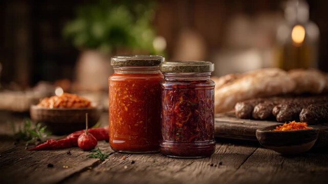 Spicy red chili sauces in glass jars on rustic wood table, warm lighting, with herbs and bread. Concept of homemade condiments and flavor