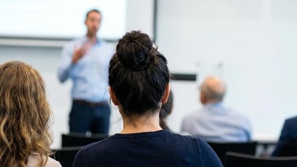 Professional speaker engaging a diverse audience at a corporate seminar or conference, with attendees attentively listening to the presentation in ...