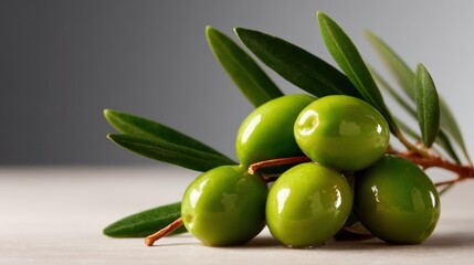 A close-up of vibrant green olives nestled on a wooden surface, showcasing their sleek shine and fresh leaves, perfect for evoking Mediterranean flavors and culinary delights.