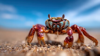 Fototapeta premium An intriguing close-up of a colorful crab on a sandy beach, capturing its vivid colors and unique features against a bright blue sky, showcasing marine life and nature's beauty.