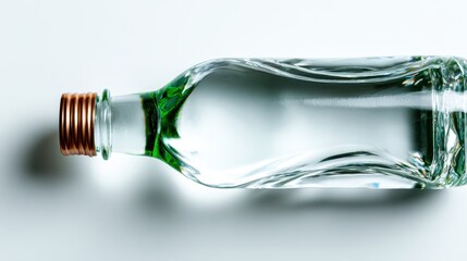 This image features a sleek, minimalistic glass bottle resting on a smooth surface, reflecting light beautifully, emphasizing simplicity and elegance in design.