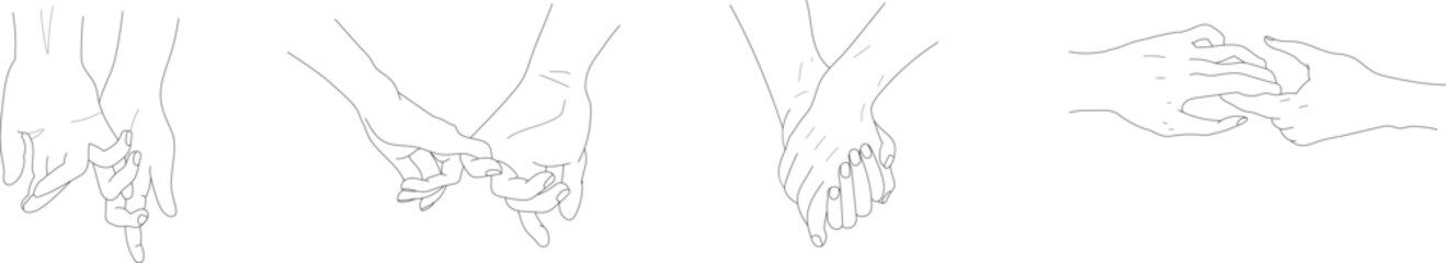 Obraz premium Minimalist line art vector of expressive hand gestures, including holding hands, heart-shaped fingers, and intertwined pinkies with hearts. Lovers, friends together.