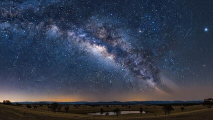 Stunning panoramic view of the Milky Way galaxy stretching across a dark night sky above a serene landscape.