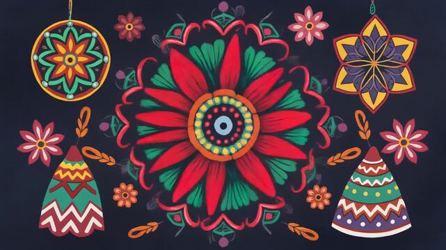A vibrant illustration of traditional folk art patterns with colorful flowers and geometric designs on a dark background, showcasing cultural decoration.