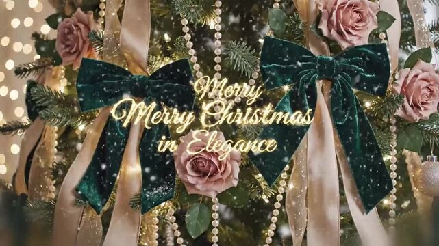 luxury evergreen christmas tree draped in champagne ribbons pearls blush roses and velvet bows