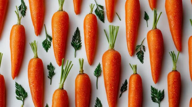 Fresh bright orange carrots and green leaves neatly arranged, minimalistic style on white background, concept of healthy organic food pattern