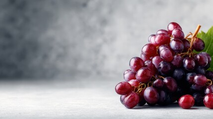 A cluster of fresh red grapes elegantly arranged on a gray surface, showcasing their vibrant hues and inviting texture in a simple yet artistic presentation.